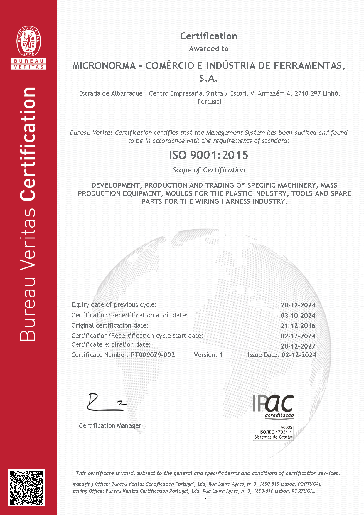 ISO 9001 certification of quality management system